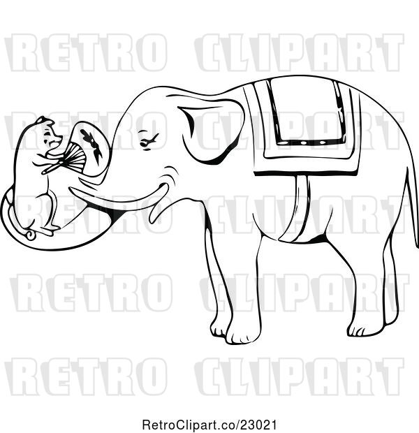 Vector Clip Art of Retro Mouse Fanning an Elephant