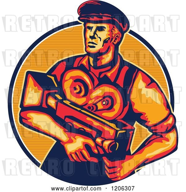 Vector Clip Art of Retro Movie Director Camera Guy in a Lined Circle