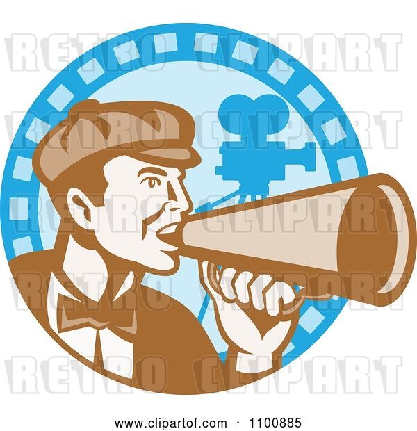 Vector Clip Art of Retro Movie Director Shouting Through a Cone on a Blue Camera Circle