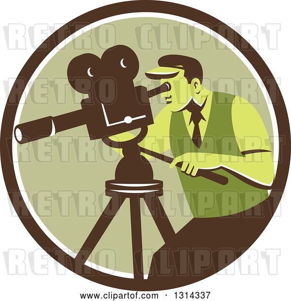 Vector Clip Art of Retro Movie Maker Camera Guy Working with a Tripod in a Brown White and Green Circle