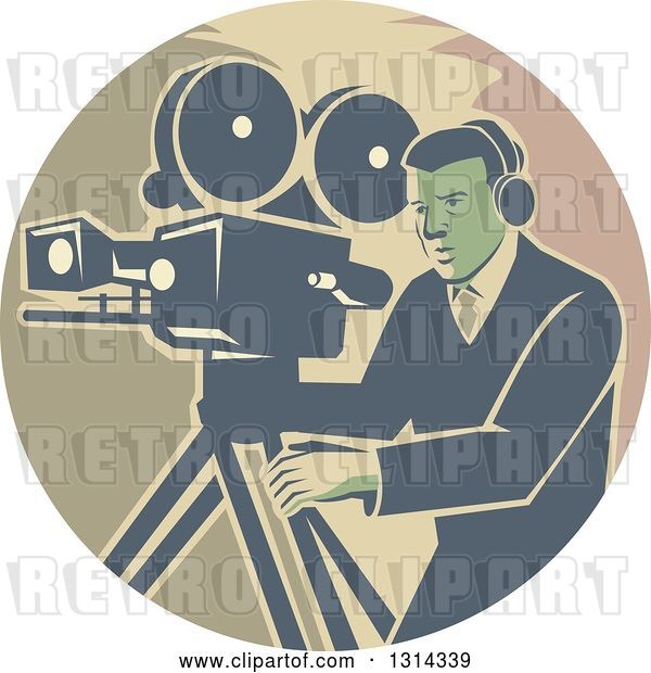 Vector Clip Art of Retro Movie Maker Camera Guy Working with a Tripod in a Circle