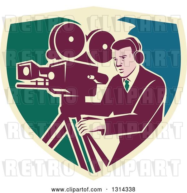 Vector Clip Art of Retro Movie Maker Camera Guy Working with a Tripod in a Shield