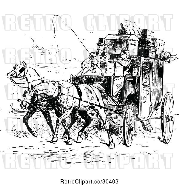 Vector Clip Art of Retro Moving Couple and Horse Drawn Carriage