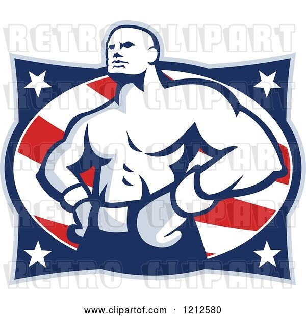 Vector Clip Art of Retro Muscular Boxer over American Stars and Stripes