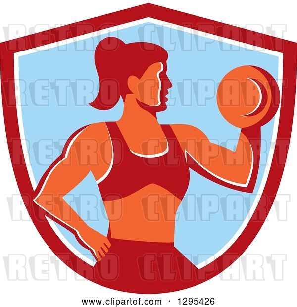 Vector Clip Art of Retro Muscular Fit Lady Working out with a Dumbbell and Doing Bicep Curls in a Red White and Blue Shield