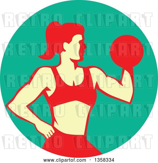 Vector Clip Art of Retro Muscular Fit Lady Working out with a Dumbbell and Doing Bicep Curls in a Turquoise Circle