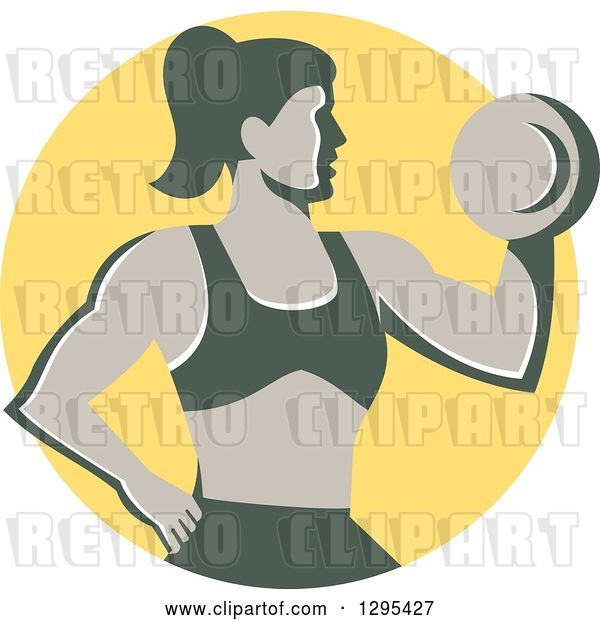 Vector Clip Art of Retro Muscular Fit Lady Working out with a Dumbbell and Doing Bicep Curls in a Yellow Circle