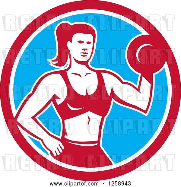 Vector Clip Art of Retro Muscular Fit Lady Working out with a Dummbell in a Red White and Blue Circle