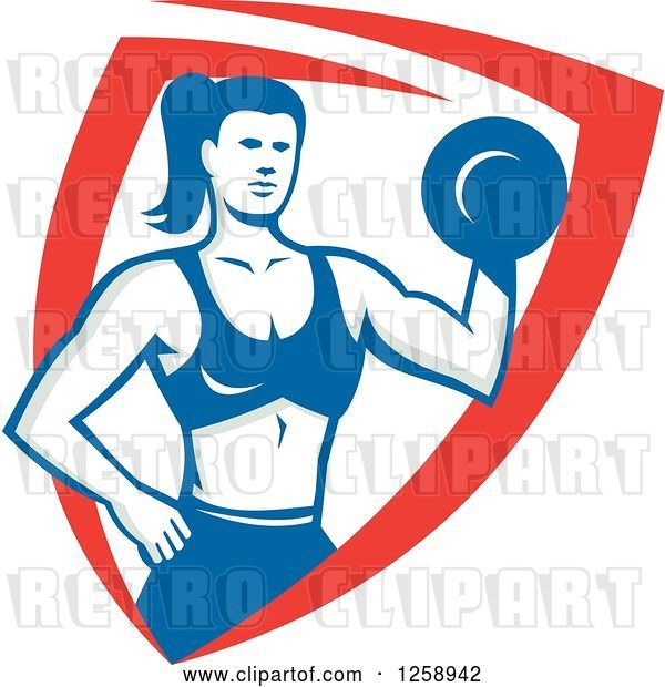 Vector Clip Art of Retro Muscular Fit Lady Working out with a Dummbell in a Red White and Blue Shield