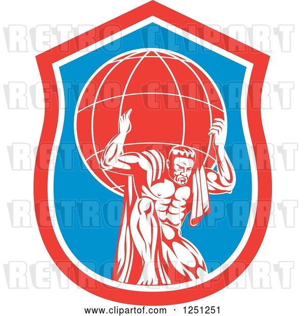 Vector Clip Art of Retro Muscular Guy, Atlas, Carrying a Globe in a Blue and Red Shield