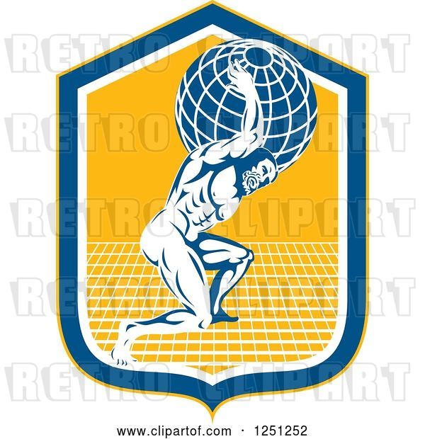 Vector Clip Art of Retro Muscular Guy, Atlas, Carrying a Globe in a Blue and Yellow Shield