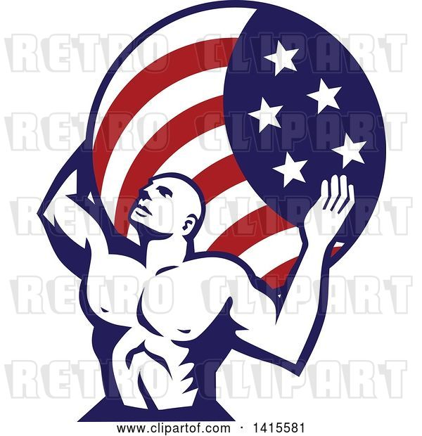 Vector Clip Art of Retro Muscular Guy, Atlas, Carrying an American Flag Globe on His Back