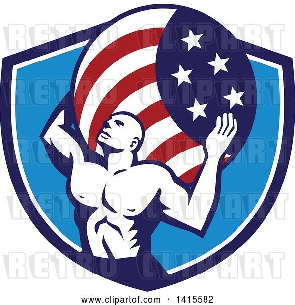 Vector Clip Art of Retro Muscular Guy, Atlas, Carrying an American Flag Globe on His Back in a Blue and White Shield