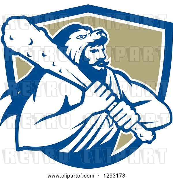 Vector Clip Art of Retro Muscular Guy, Hercules, Wearing a Lion Skin and Holding a Club in a Blue White and Tan Shield