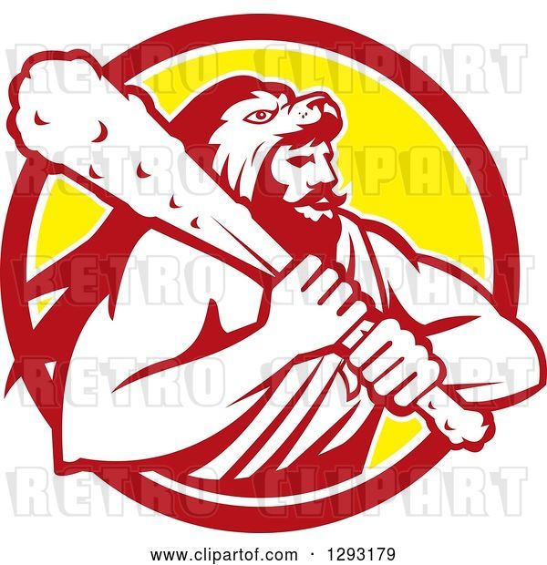 Vector Clip Art of Retro Muscular Guy, Hercules, Wearing a Lion Skin and Holding a Club in a Red White and Yellow Circle