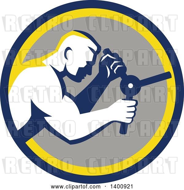 Vector Clip Art of Retro Muscular Guy Opening a Safe in a Blue Yellow and Gray Circle