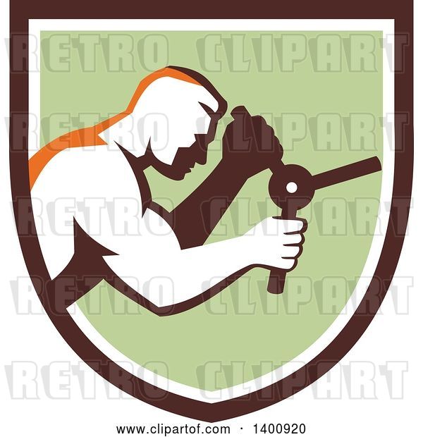 Vector Clip Art of Retro Muscular Guy Opening a Safe in a Brown White and Green Shield