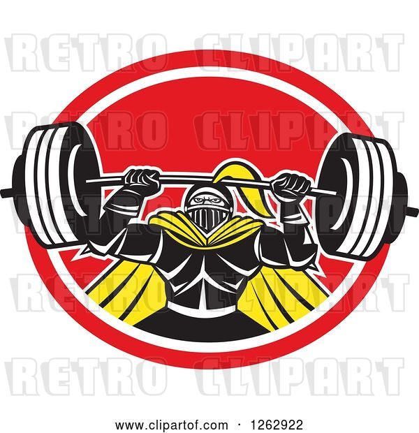 Vector Clip Art of Retro Muscular Knight Doing Squats and Working out with a Barbell in a Red and White Oval