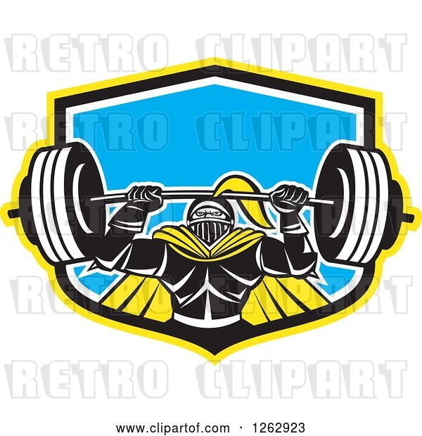 Vector Clip Art of Retro Muscular Knight Doing Squats and Working out with a Barbell in a Yellow Black White and Blue Shield