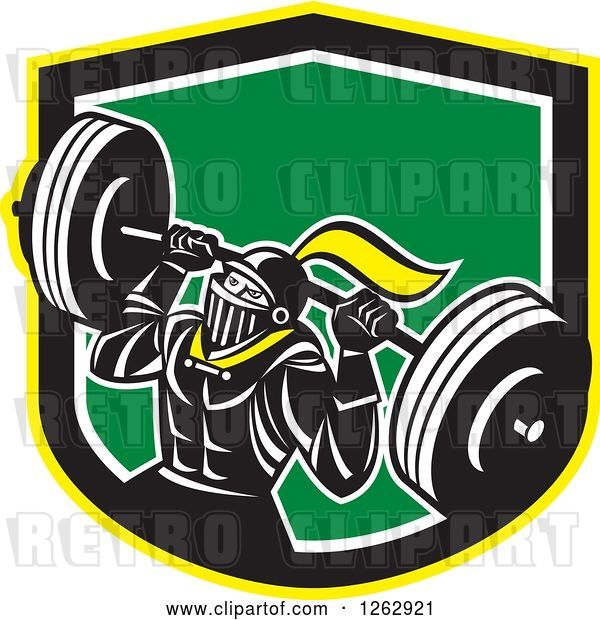 Vector Clip Art of Retro Muscular Knight Doing Squats and Working out with a Barbell in a Yellow Black White and Green Shield