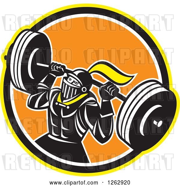 Vector Clip Art of Retro Muscular Knight Doing Squats and Working out with a Barbell in a Yellow Black White and Orange Circle
