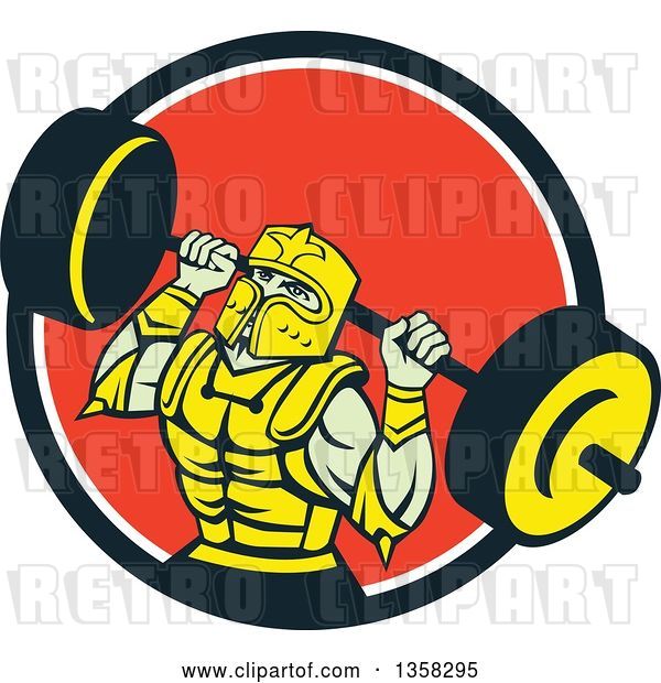 Vector Clip Art of Retro Muscular Knight in Full Armor, Doing Squats and Working out with a Barbell in a Black White and Red Circle