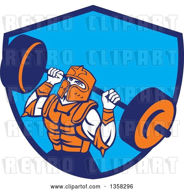 Vector Clip Art of Retro Muscular Knight in Full Armor, Doing Squats and Working out with a Barbell in a Blue Shield