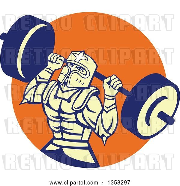 Vector Clip Art of Retro Muscular Knight in Full Armor, Doing Squats and Working out with a Barbell in an Orange Circle