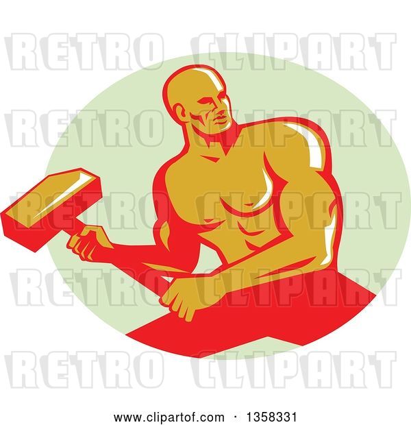 Vector Clip Art of Retro Muscular Male Bodybuilder Athlete Swinging a Sledgehammer in a Pastel Green Oval