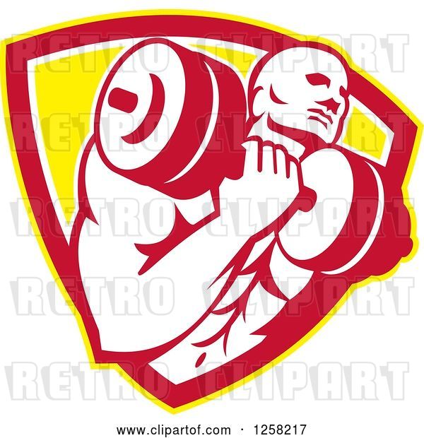 Vector Clip Art of Retro Muscular Male Bodybuilder Lifting Weights in a Yellow White and Red Shield