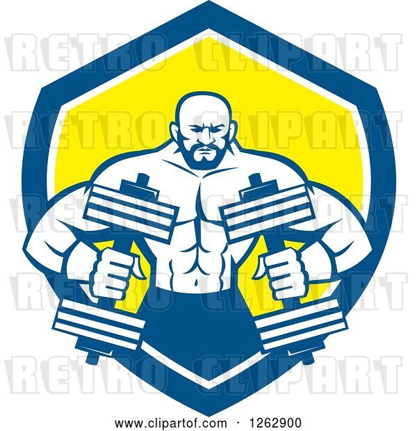 Vector Clip Art of Retro Muscular Male Bodybuilder with Dumbbells in a Blue White and Yellow Shield