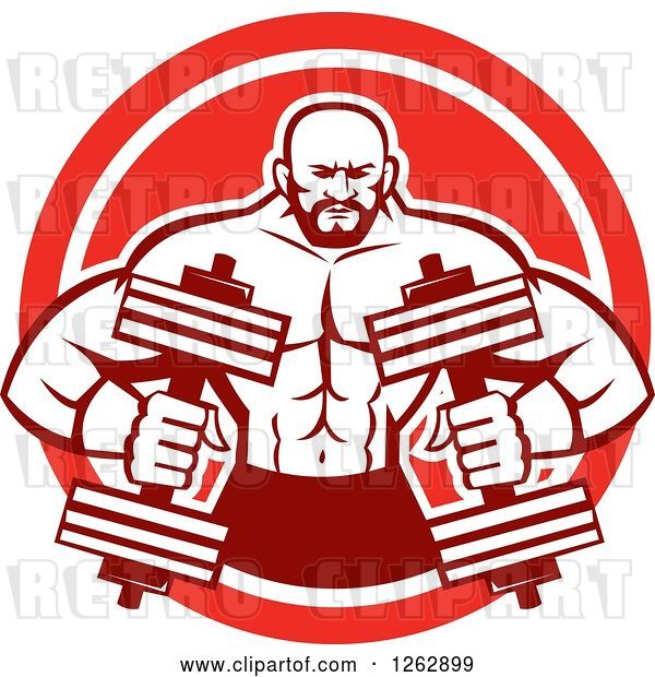 Vector Clip Art of Retro Muscular Male Bodybuilder with Dumbbells in a Red and White Circle