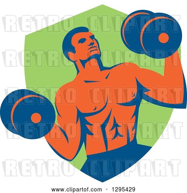 Vector Clip Art of Retro Muscular Male Crossfit Bodybuilder with Dumbbells Emerging from a Green Shield