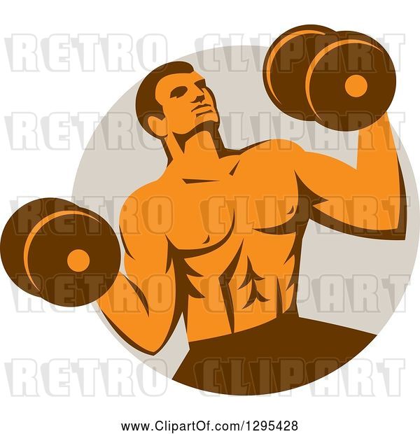 Vector Clip Art of Retro Muscular Male Crossfit Bodybuilder with Dumbbells Emerging from a Taupe Circle
