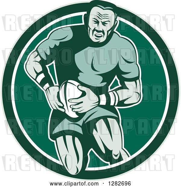Vector Clip Art of Retro Muscular Male Rugby Player Running in a Green and White Circle