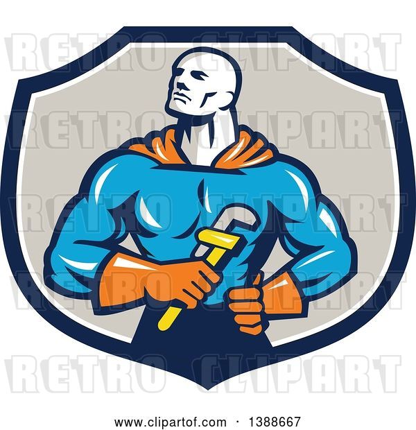 Vector Clip Art of Retro Muscular Super Hero Plumber Holding a Monkey Wrench in a Blue White and Taupe Shield