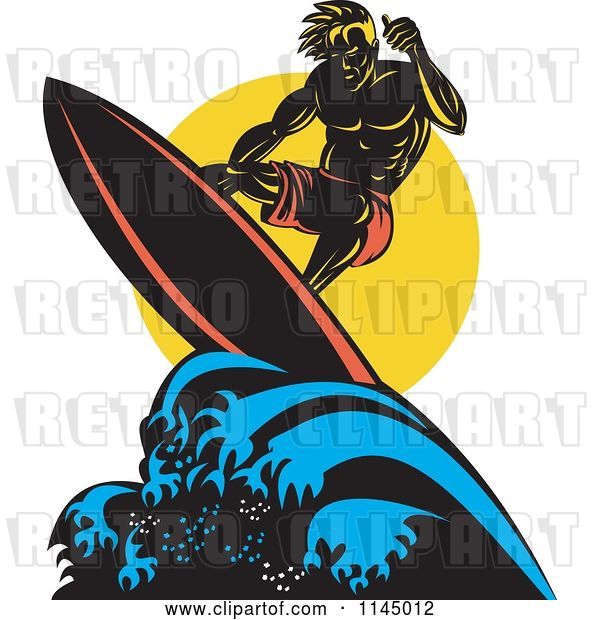 Vector Clip Art of Retro Muscular Surfer Dude Riding a Wave