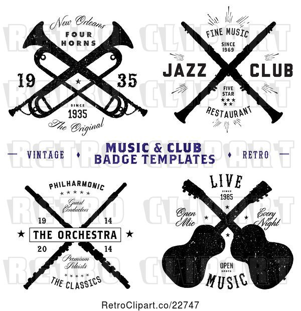 Vector Clip Art of Retro Music and Club Badge Labels with Sample Text