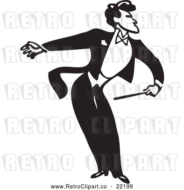 Vector Clip Art of Retro Music Conductor Facing Right, Bending and Holding an Arm Back