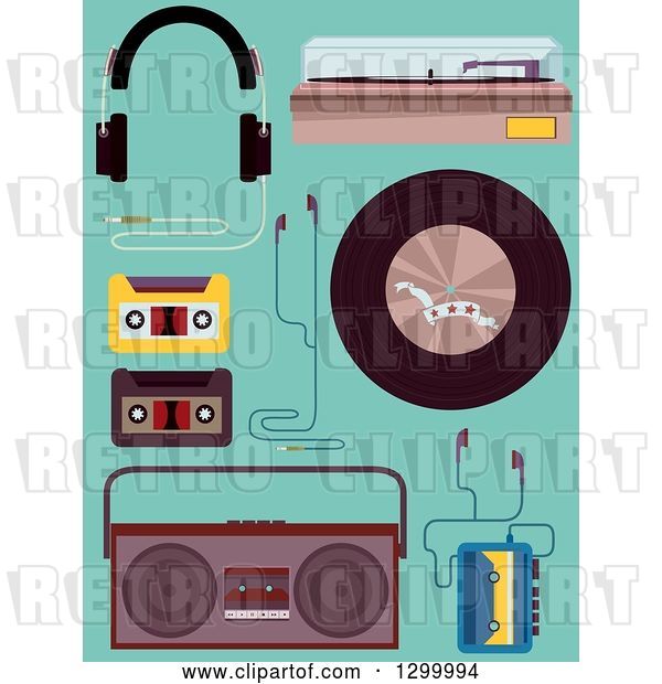Vector Clip Art of Retro Music Equipment and Elements on Turquoise