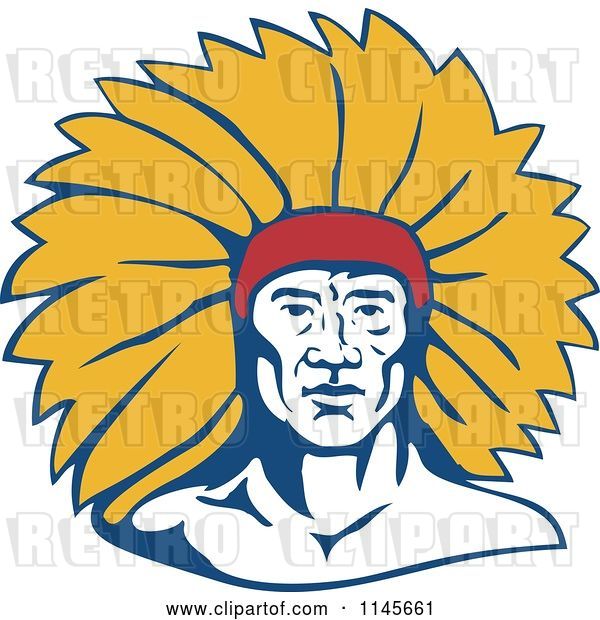 Vector Clip Art of Retro Native American Chief Guy with Yellow Feathers