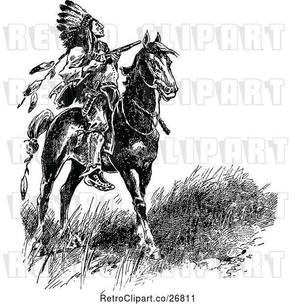 Vector Clip Art of Retro Native American Chief on Horseback