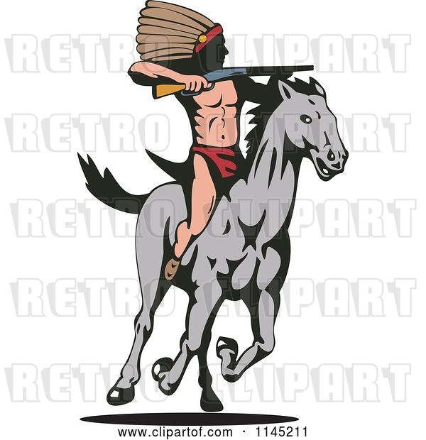 Vector Clip Art of Retro Native American Hunting with a Rifle on a Running Horse