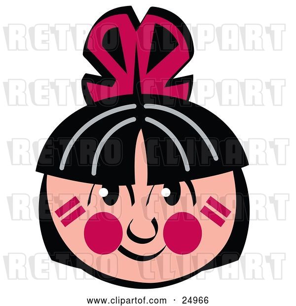 Vector Clip Art of Retro Native American Indian Boy's Face, with Black Hair, Paint and a Red Feather