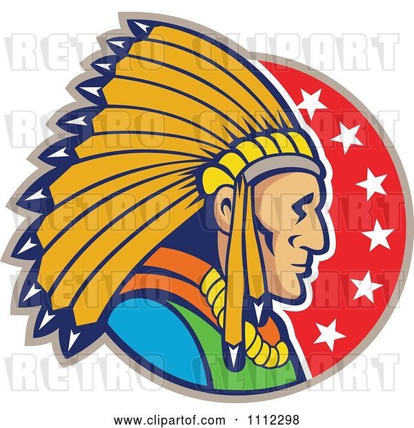 Vector Clip Art of Retro Native American Indian Chief Guy in Profile over a Circle of Stars
