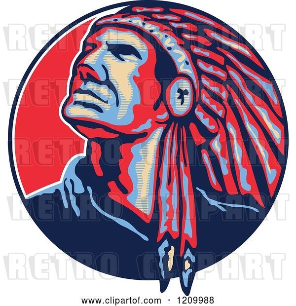 Vector Clip Art of Retro Native American Indian Chief in a Feathered Headdress, Looking up in a Circle