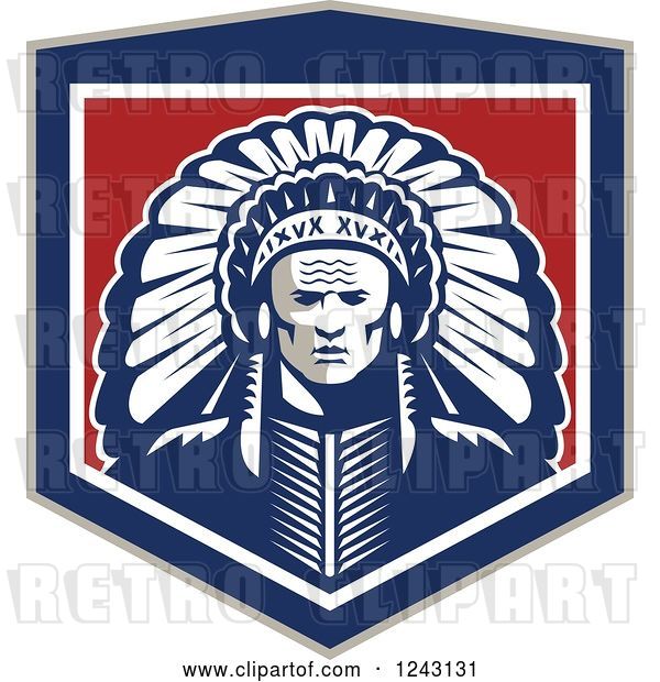 Vector Clip Art of Retro Native American Indian Chief with a Feather Headdress in a Shield