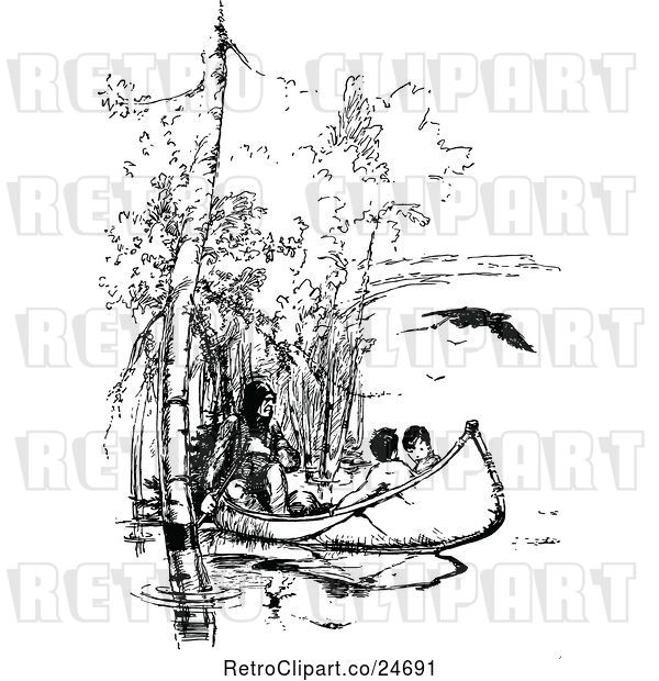 Vector Clip Art of Retro Native Americans in a Canoe
