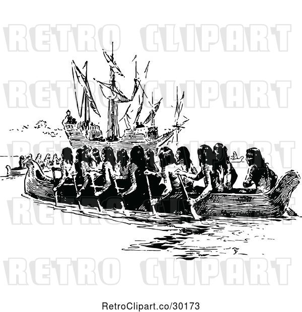 Vector Clip Art of Retro Natives in a Canoe by a Ship