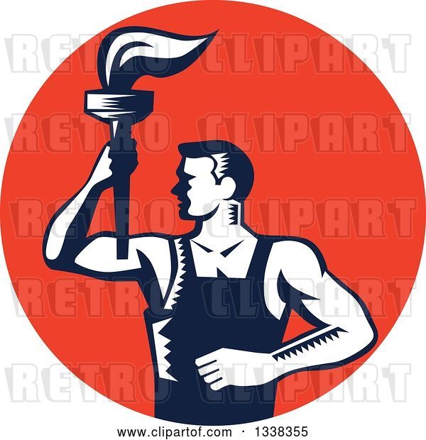 Vector Clip Art of Retro Navy Blue and White Woodcut Revolution Male Worker Holding a Torch in a Red Circle